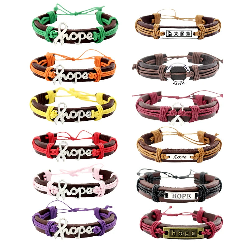 Factory Leather Jewelry Custom Hope Red Pink Yellow Orange Green Purple Blue Ribbon Awareness Charm Genuine Leather Bracelets
