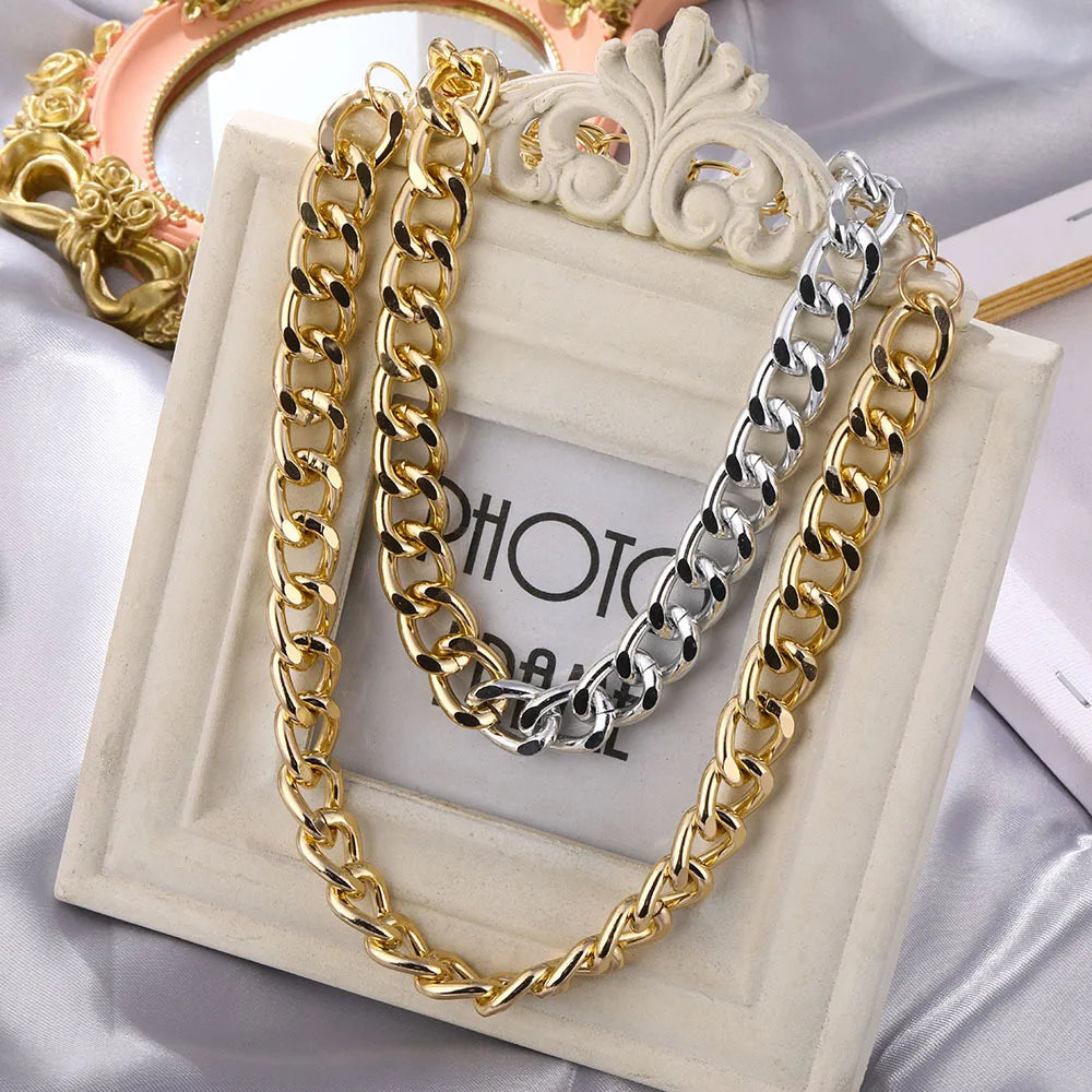 Hip Hop Coarse Link Chain Necklace Gold Plated Silver Dual Color Unisex Creative Personality