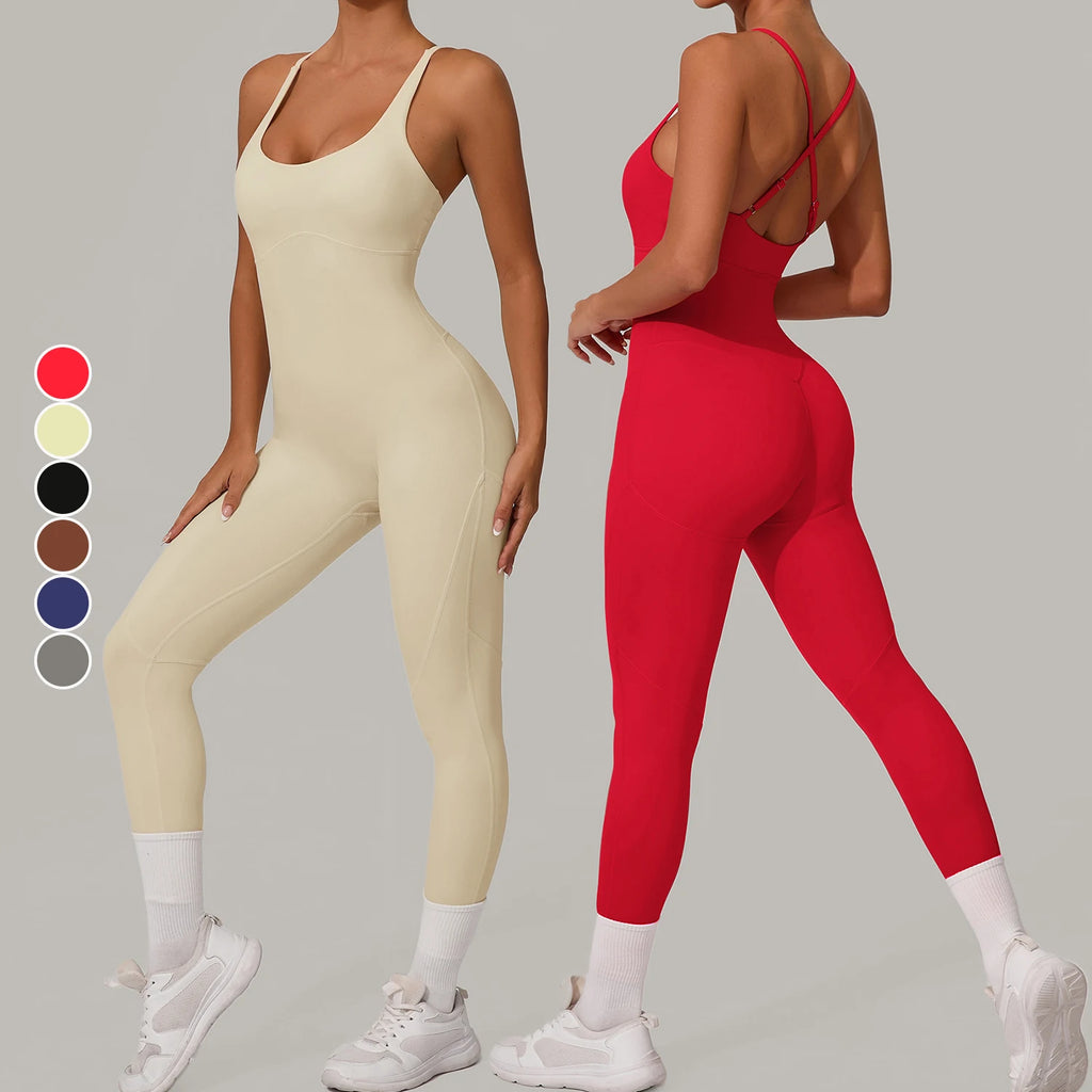 Best Quality Adjustable Shoulder Strap Yoga Jumpsuit Backless Sleeveless Cross Removable Chest Pad Sports Fitness Bodysuit