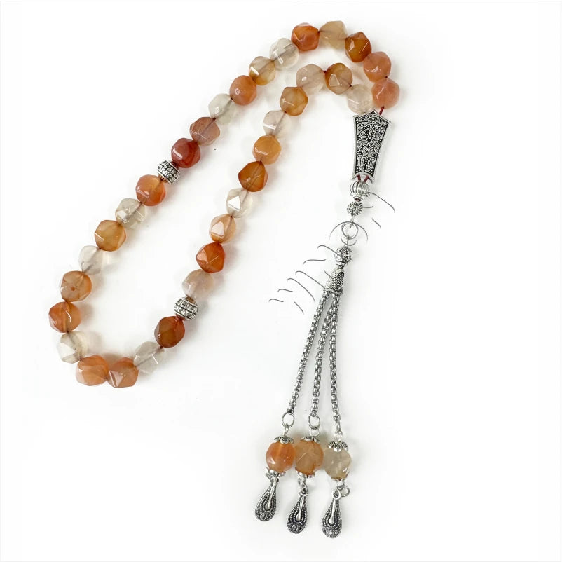 Yellow Natural Agate Diamond Cut 10mm 33pcs Beads With Silver Accessories Misbaha Prayer Beads Islamic Tasbih Muslim Rosaries