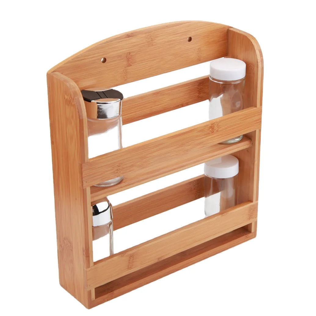Multifunctional Wall-mounted Bamboo Storage Rack for Kitchen Seasoning Wood Placement Rack for Salt & Spice Organization
