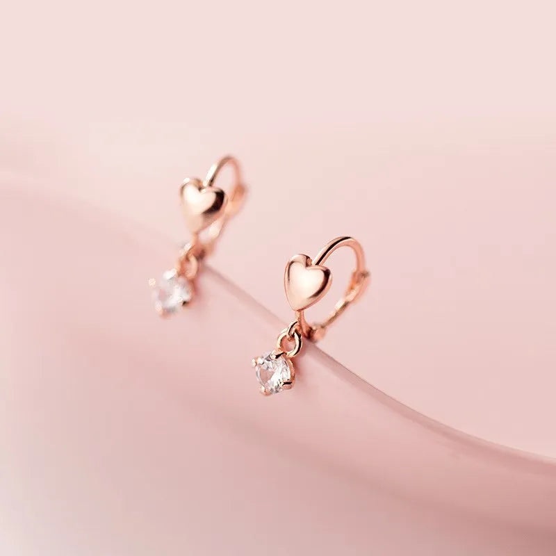 925 Sterling Silver Small Heart Earings Round Cubic Zirconia Pendant Rose Gold Plated Hoop Earrings Fashion Jewelry for Women