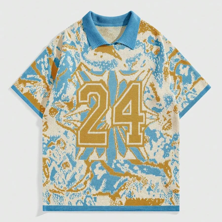 Men's Autumn Breathable Cotton Jacquard Knit Jersey for Neck Short Sleeve Athletic Pullover with Letter Pattern
