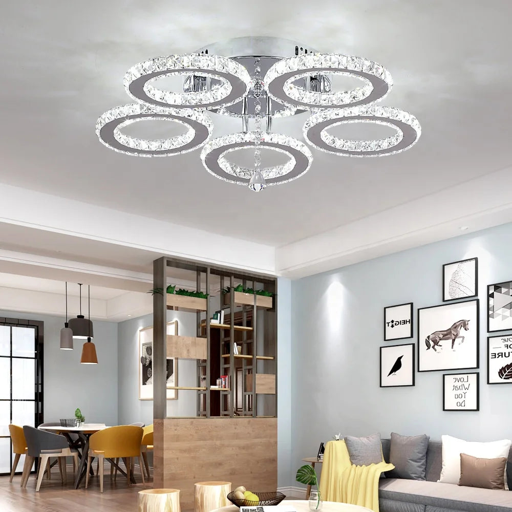 Modern 5 Ring Crystal LED Ceiling Lamp for Bedroom Living Room Illumination