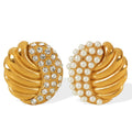 Hot Shiny Cubic Zirconia Round Stripe Stud Earring Imitation Pearl Design Stainless Steel Gold Vintage Fashion Statement Jewelry