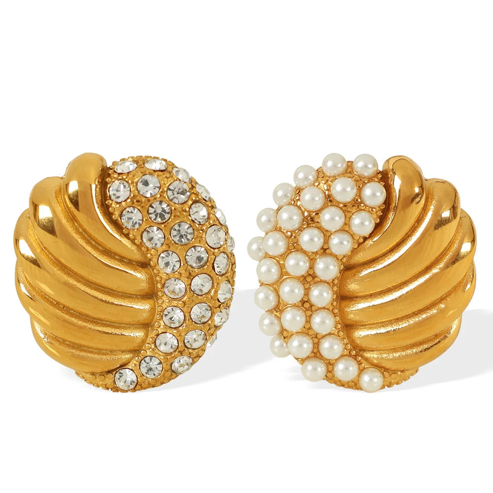 Hot Shiny Cubic Zirconia Round Stripe Stud Earring Imitation Pearl Design Stainless Steel Gold Vintage Fashion Statement Jewelry