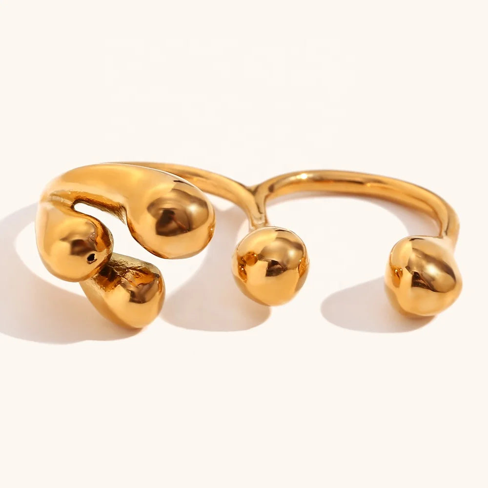 Dingran Fashion Design Double Finger Ring Tarnish Free Gold Plated Stainless Steel Bead Rings