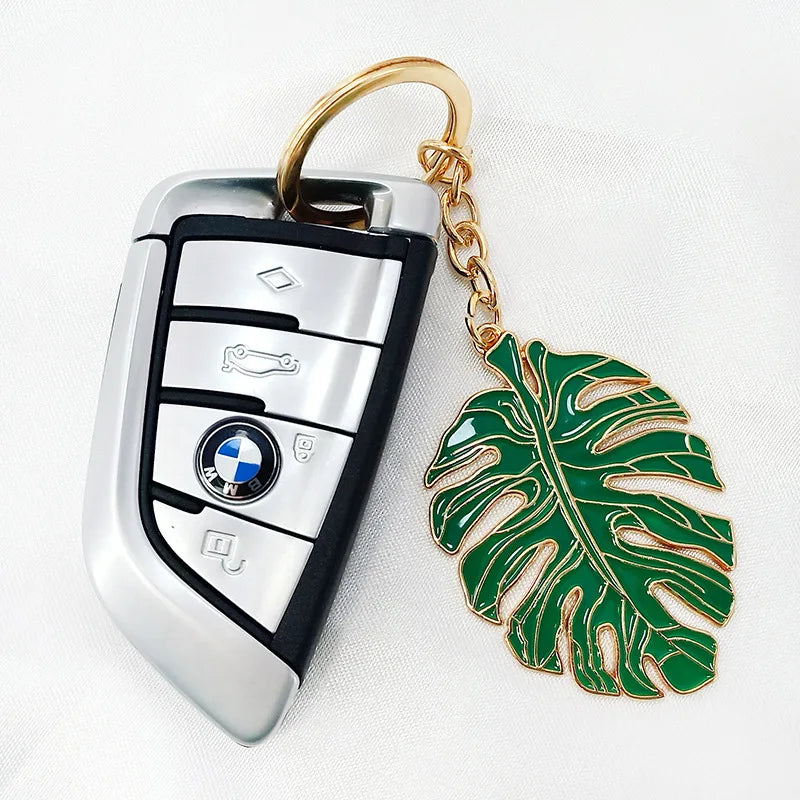 Fashion Enamel Green Monstera Leaf Pendant Keychain for Key Bag Charms