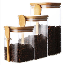 Custom Clear Glass Storage Canister Airtight Kitchen Spice Jars Clip-on Bamboo Lid Dishwasher Safe Eco-Friendly Multifunction