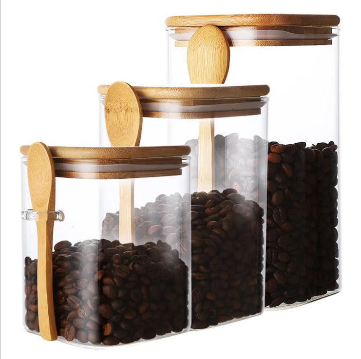 Custom Clear Glass Storage Canister Airtight Kitchen Spice Jars Clip-on Bamboo Lid Dishwasher Safe Eco-Friendly Multifunction