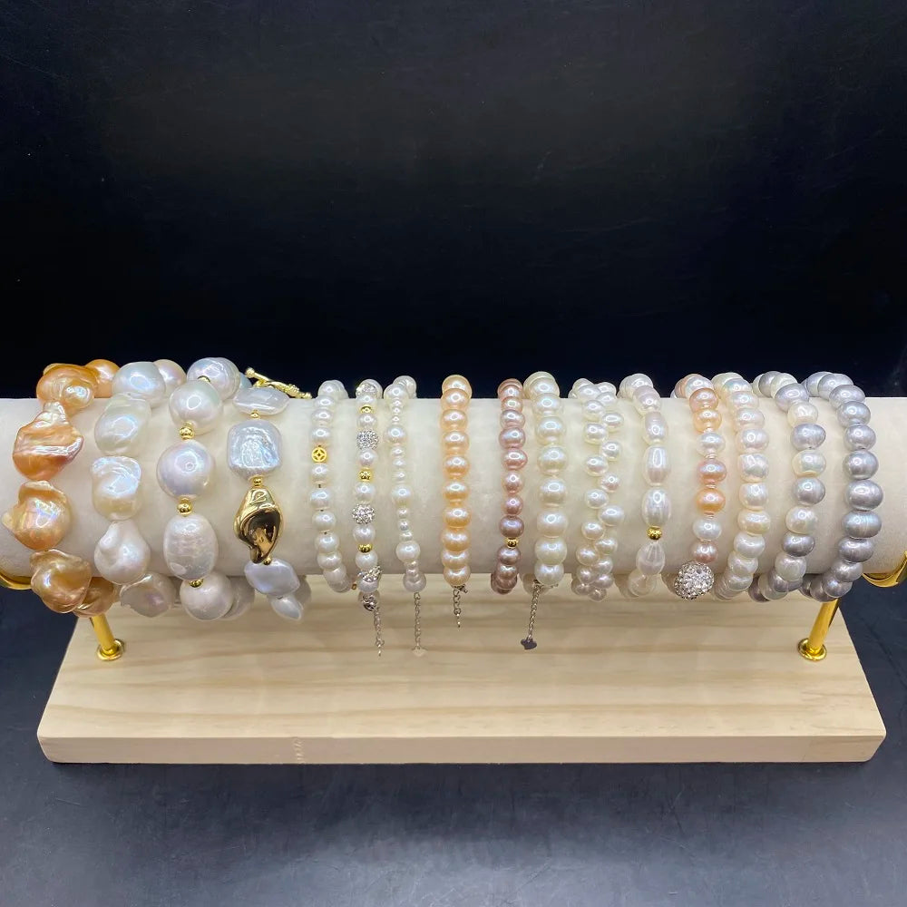 Natural Freshwater 925 Silver Button Baroque Pearl Round Pearl Bracelet Color Bracelet 18cm in Length for Party Wear Daily Wear MegaBDM