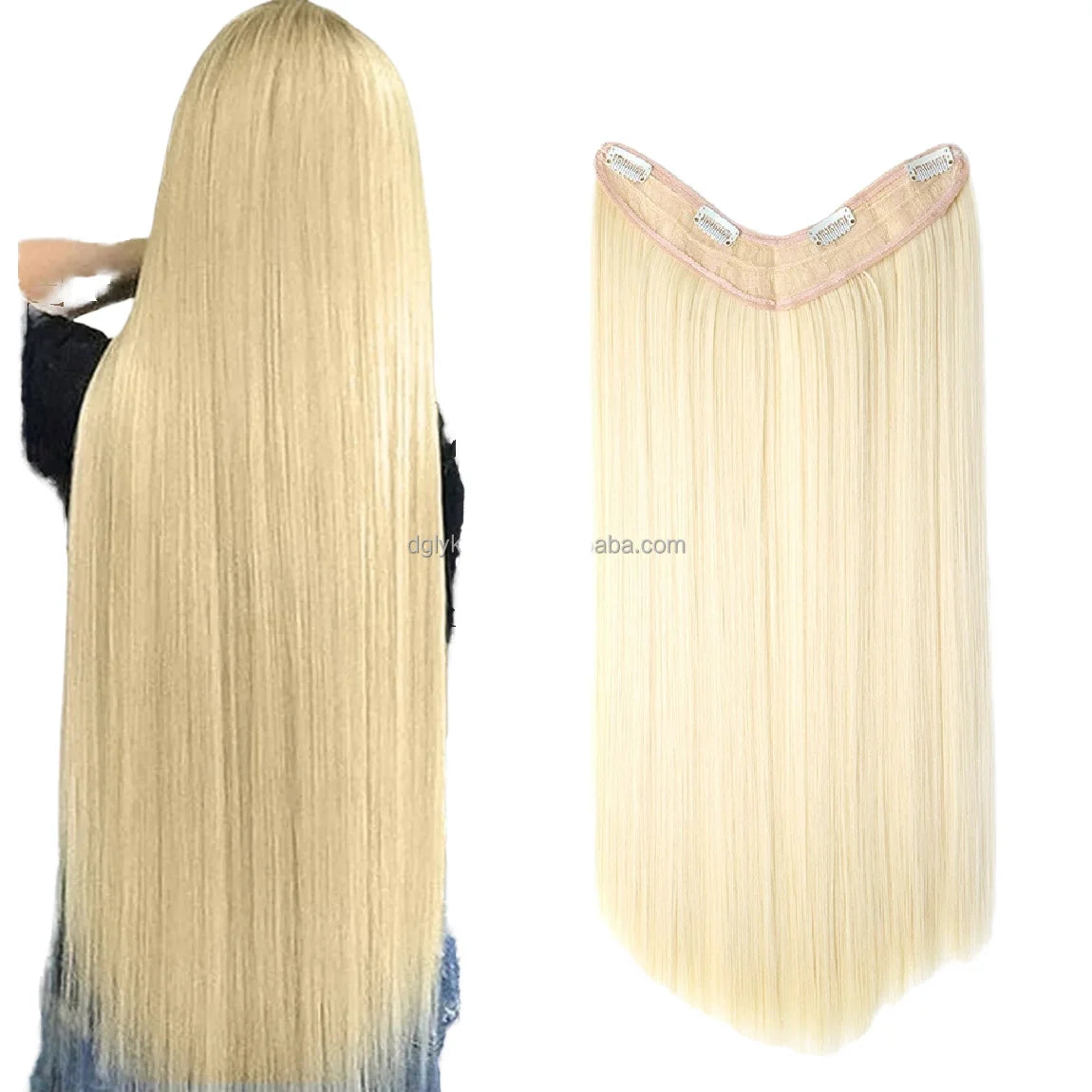 Factory Wholesale 24 Inch Clip-In Hair Extensions V-Shaped Half Wig and One Piece Straight Synthetic Hairpiece