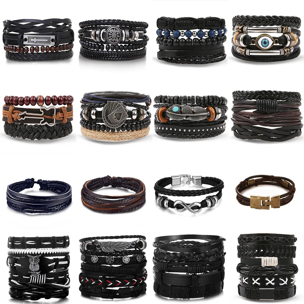Vintage Bead Bracelet Men Fashion Hollow Triangle Leather Bracelet Set for Gift