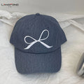 Landfond Accessory Unisex Blue Denim Oxford Bow Embroidered Common 6-Panel Fashion Baseball Cap with Metal Buckle