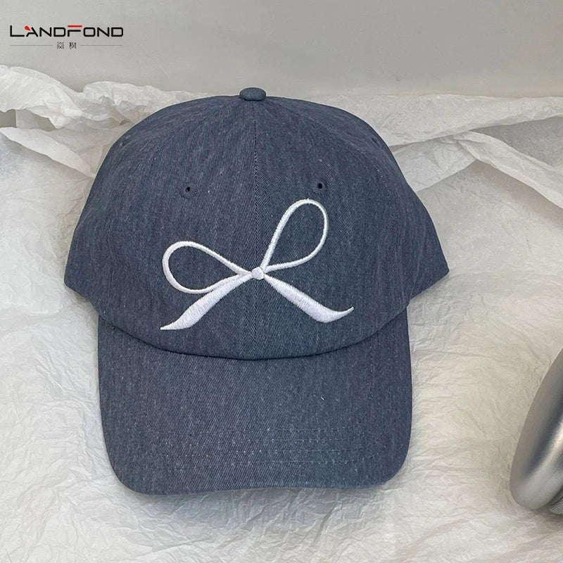 Landfond Accessory Unisex Blue Denim Oxford Bow Embroidered Common 6-Panel Fashion Baseball Cap with Metal Buckle