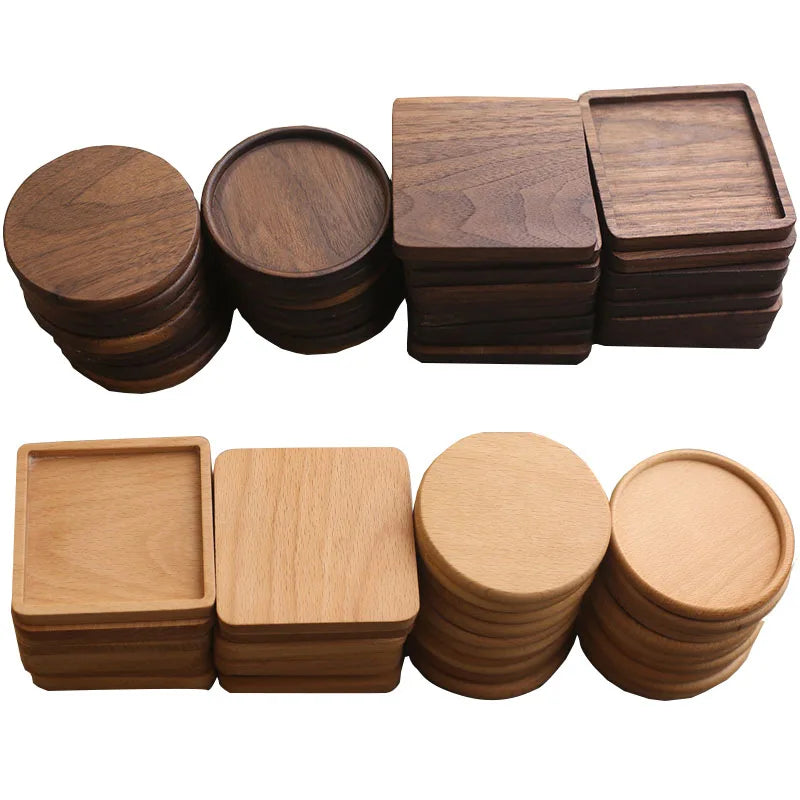 10cm Black Walnut Beech Bamboo Pine Wood Round square Wooden Printed Wooden coaster for Drink with Holder
