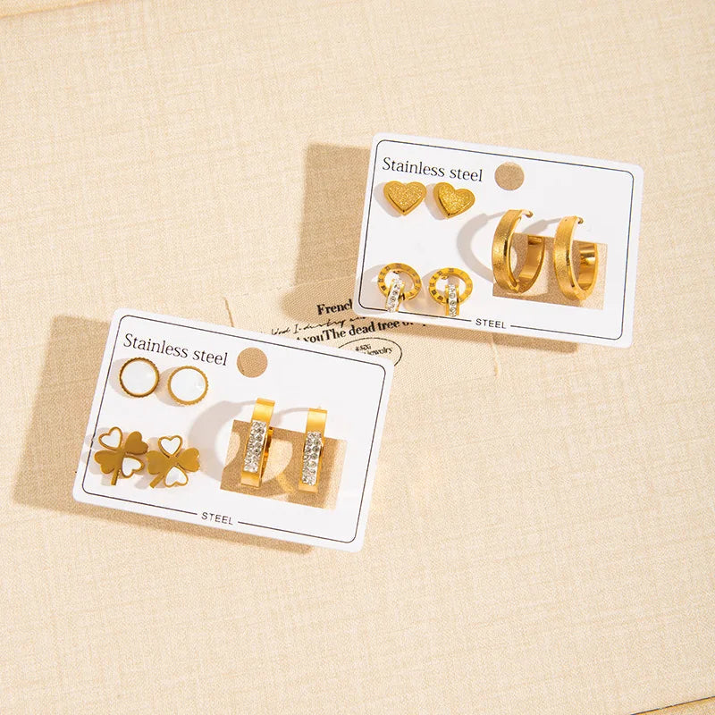 Fashionable Gold-Plated Stainless Steel Earrings Set Stylish Diamond Heart & Geometric  Design for Parties & Gifts