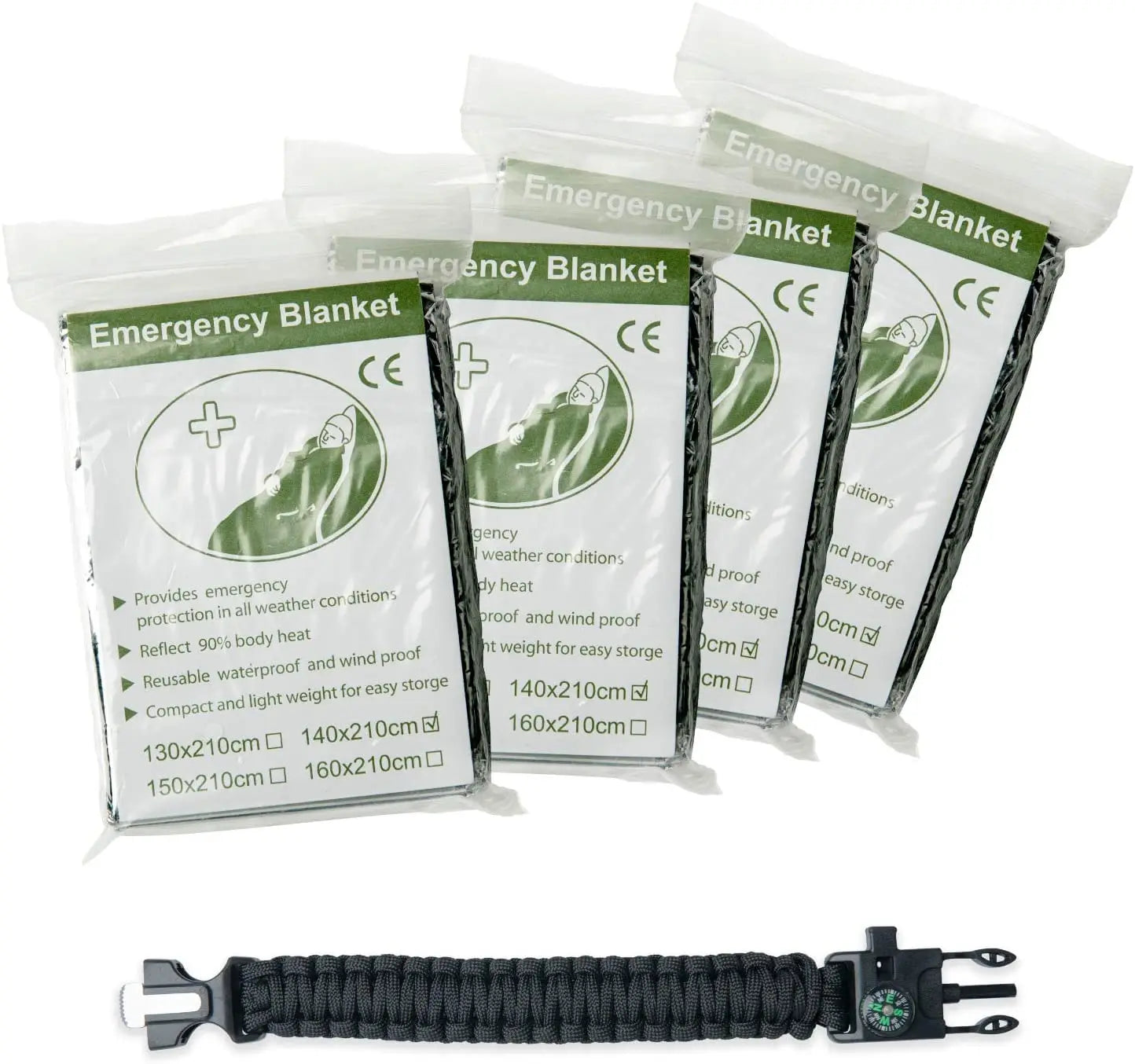 Emergency Survival Blankets 4 Thermal Mylar Foil Ideal for Hiking Bonus with Compas Whistle