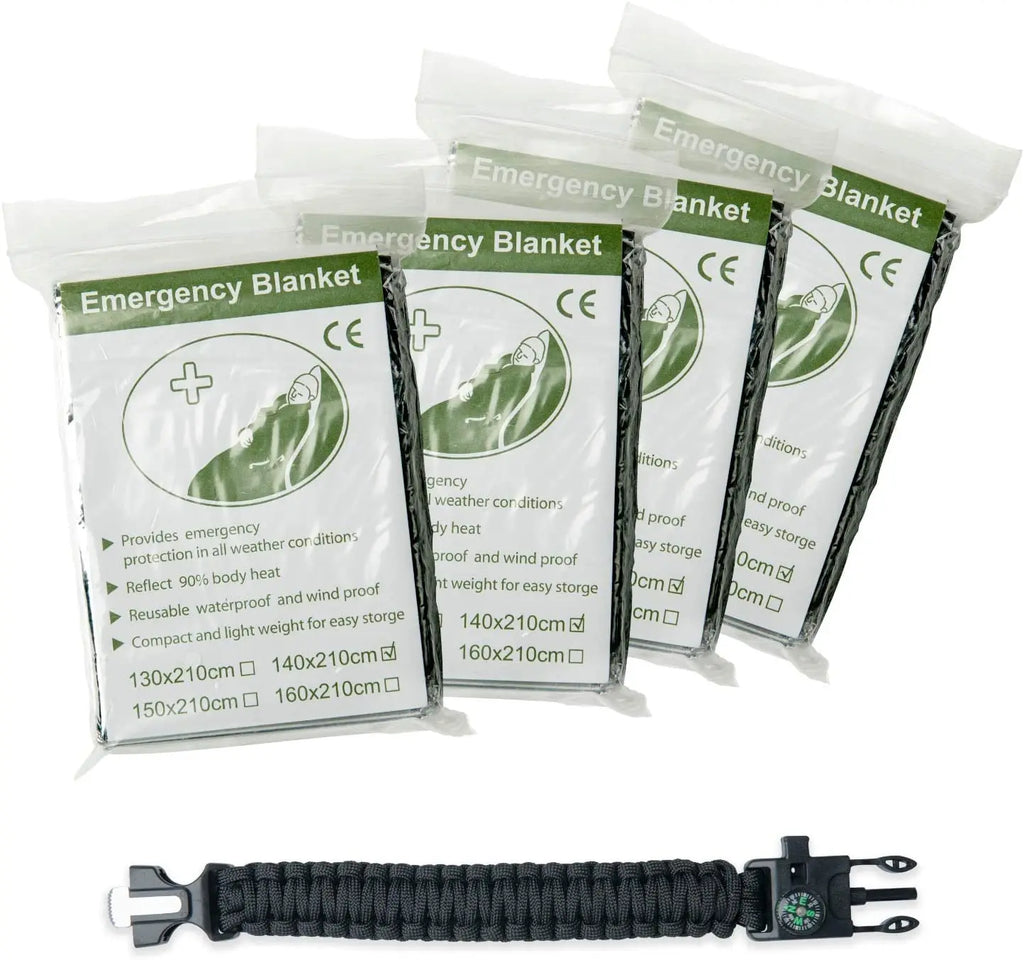 Emergency Survival Blankets 4 Thermal Mylar Foil Ideal for Hiking Bonus with Compas Whistle