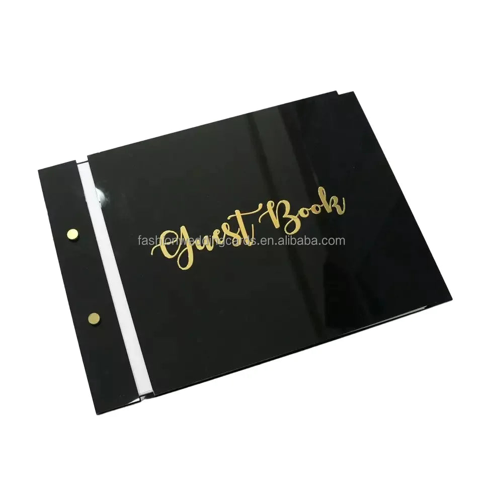 Custom Wedding Reception Vintage Black Acrylic Cover Guest Book Notebooks with Gold Mirror Acrylic Monogram