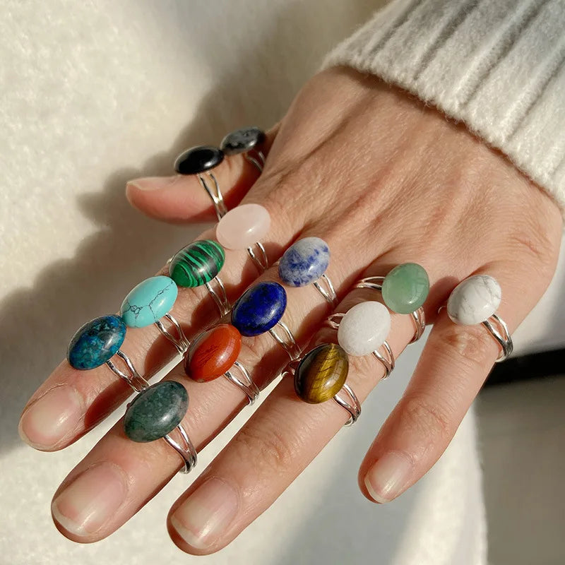 Fashion Adjustable Woman Travel Raw Chips Stone Rings Woman Gold Silver Stone Rings