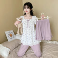 Three Pieces Set Pajamas Short Women Nightgown Nighty Nightwear Sets Sleeping Wear Shorts Sleeve Cotton Knit Nightgowns
