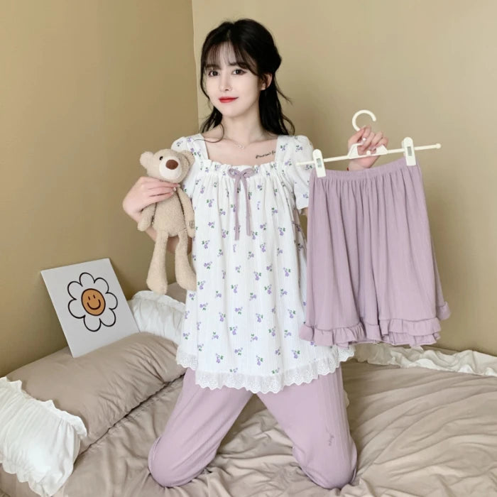 Three Pieces Set Pajamas Short Women Nightgown Nighty Nightwear Sets Sleeping Wear Shorts Sleeve Cotton Knit Nightgowns