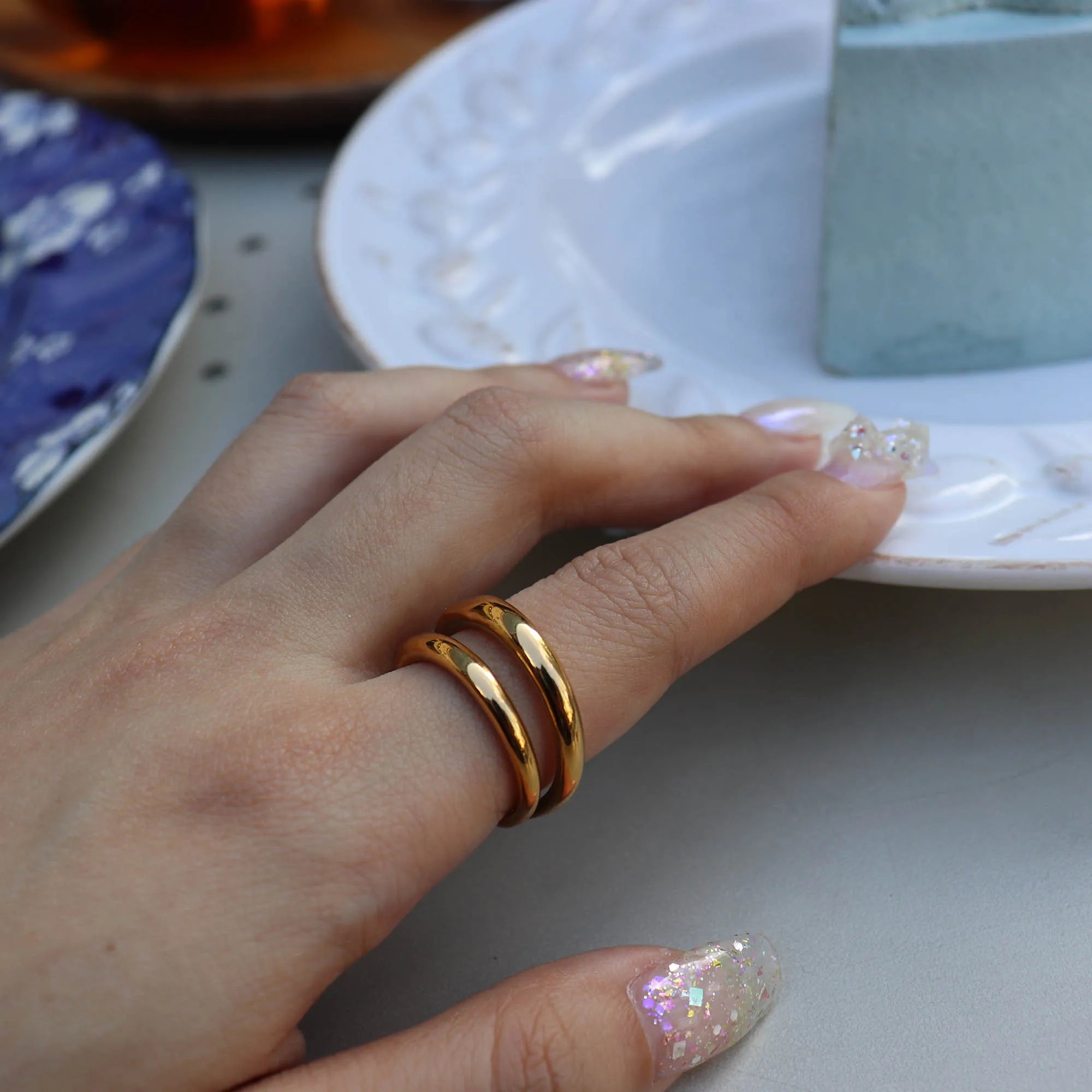 Chris April Fashion Jewelry Personality PVD Gold Plated 316L Stainless Steel Simple Double Finger Ring