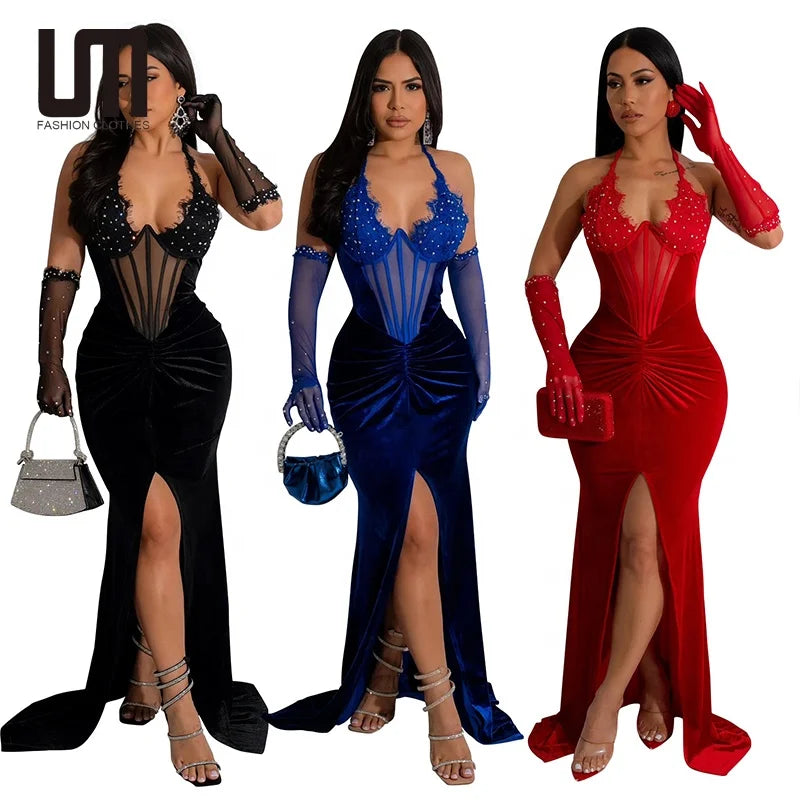 Liu Ming Spring Women's Y2K Style Maxi Dress Floor-Length Evening Slit with Halter Neck See-Through Lace Zipper Decoration