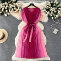 Pleated Dress V-neck Short-sleeve Mid-length Popular Gradient Loose Large Size Can Be Strapped Waist Slim Dress