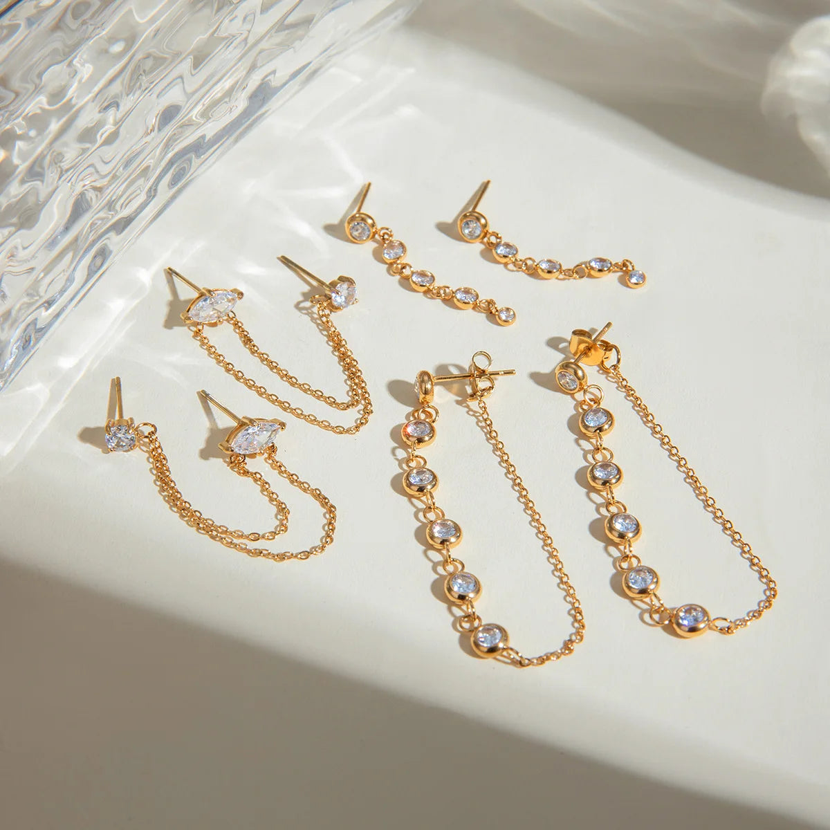 Waterproof Fashion Jewelry Unique Design Stainless Steel Gold Earrings 18K Women Tassel Round Zirconia Chain Earrings