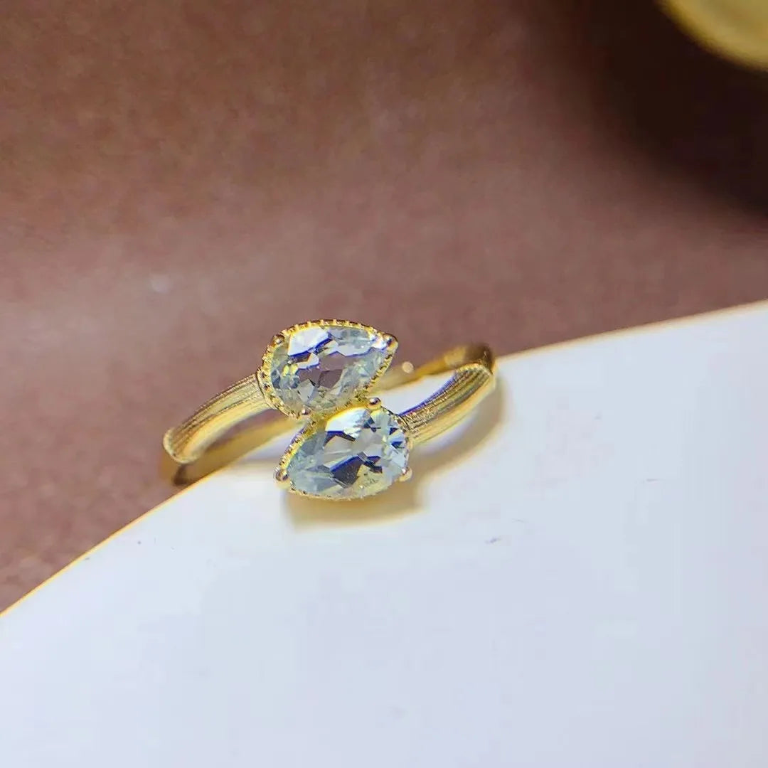 Hot Sale 925 Sterling Silver 18k Gold Plated Pear Cut Natural Aquamarine Wedding Couple Minimalist Custom Finger Women Rings