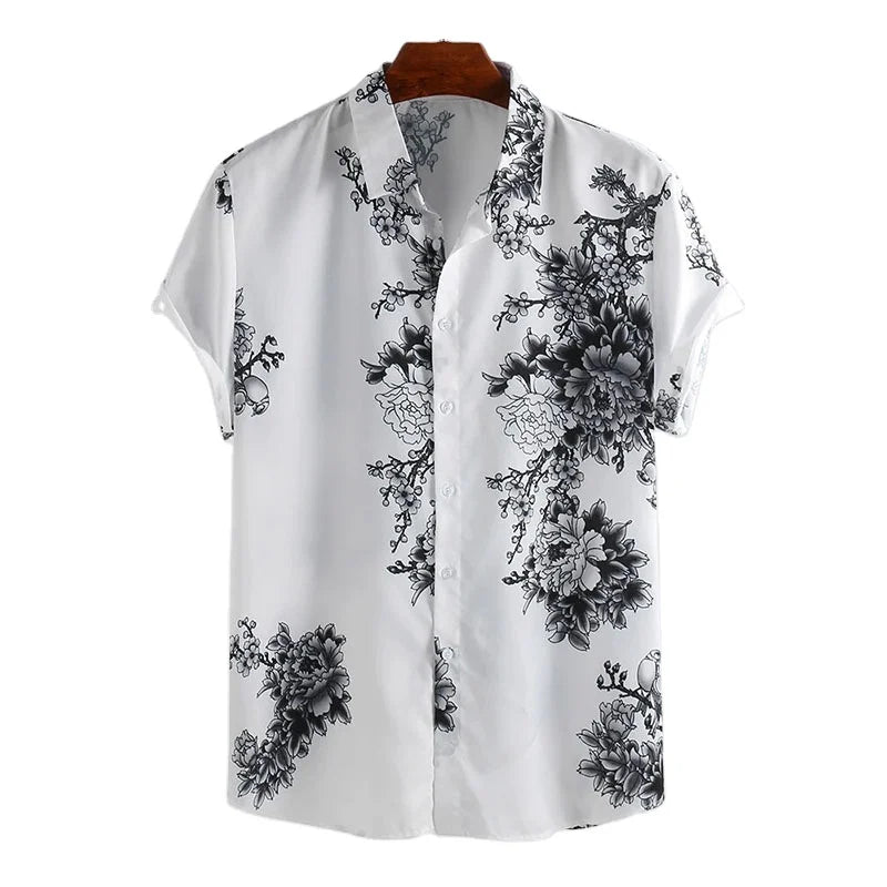 RNSHANGER Summer Breathable Floral Print Cotton Blend Shirt for Men Hawaiian Casual Short Sleeve Beach Wear Leisure