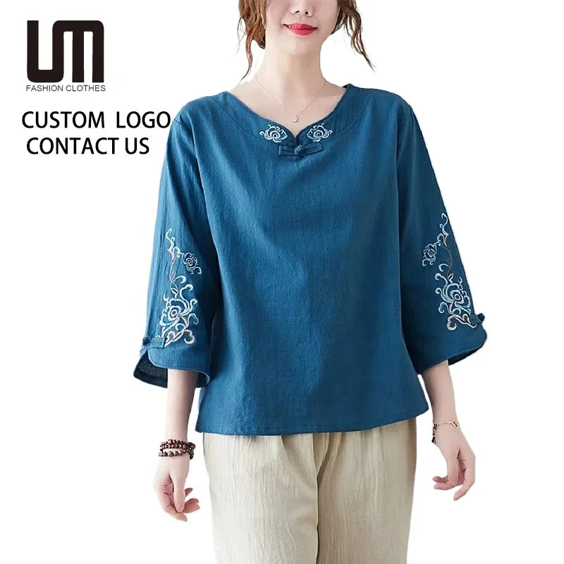 Hot Selling Products 2025 Summer Women Casual Pullover Top - Loose Fit Vintage Embroidery Long Sleeve T-Shirts