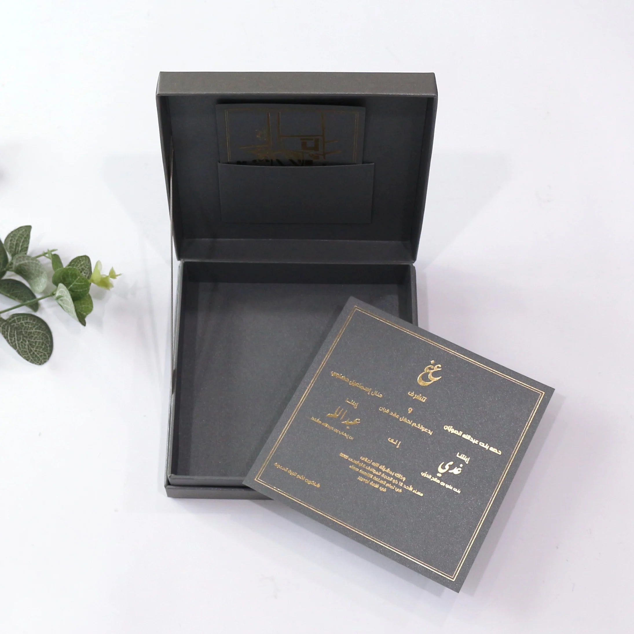 Luxurious Wedding Invitation Card with Gold Foil Hardcover  Fabric Bows and Small Card