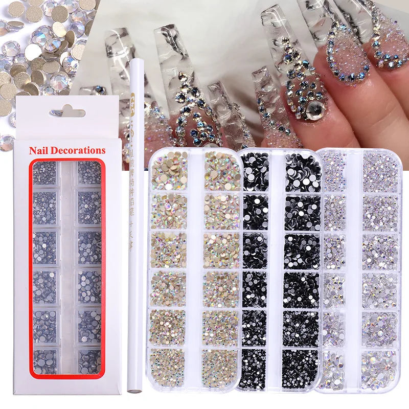 12 Grid 3D Flat Back Nail Art Decoration Tool Set Round Multi-Size Crystal Rhinestone Glass Rhinestone Dotting Tool for Nails