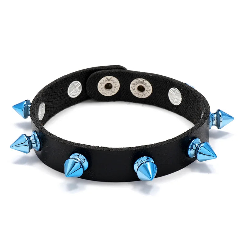 New Design Punk Style PU Leather Blue Spike Men's Bracelet & Bangles Fashion Jewelry for Men with Personalita