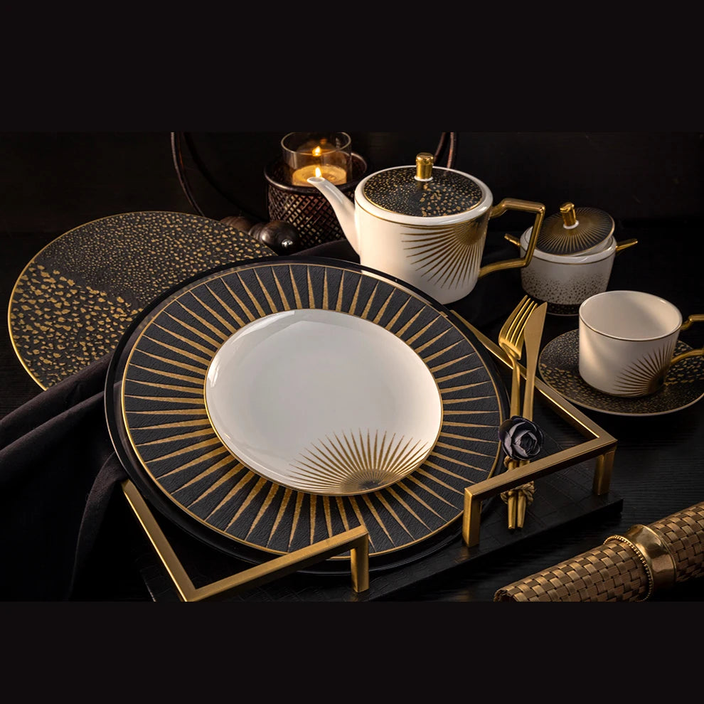 OEM Luxury Eco-Friendly Black Gold Glazed Minimalist Dinnerware Set Fine Bone China Microwave Dishwasher Safe Household