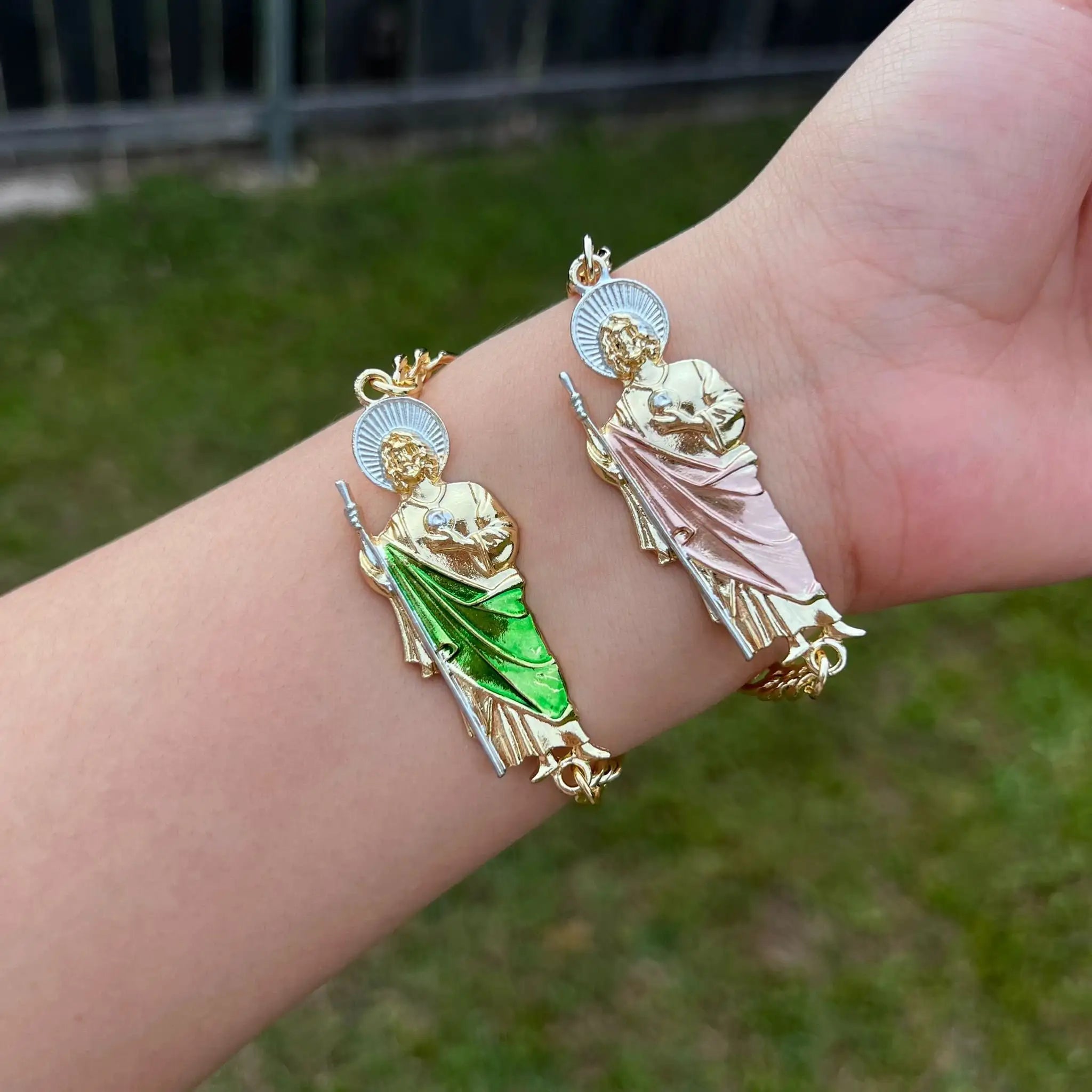 DUYIZHAO Religious Jewelry Three Colors San Judas Flat Bracelet Gold Plated Oro Laminado Alloy Hip Hop Fashion Bracelets Bangle