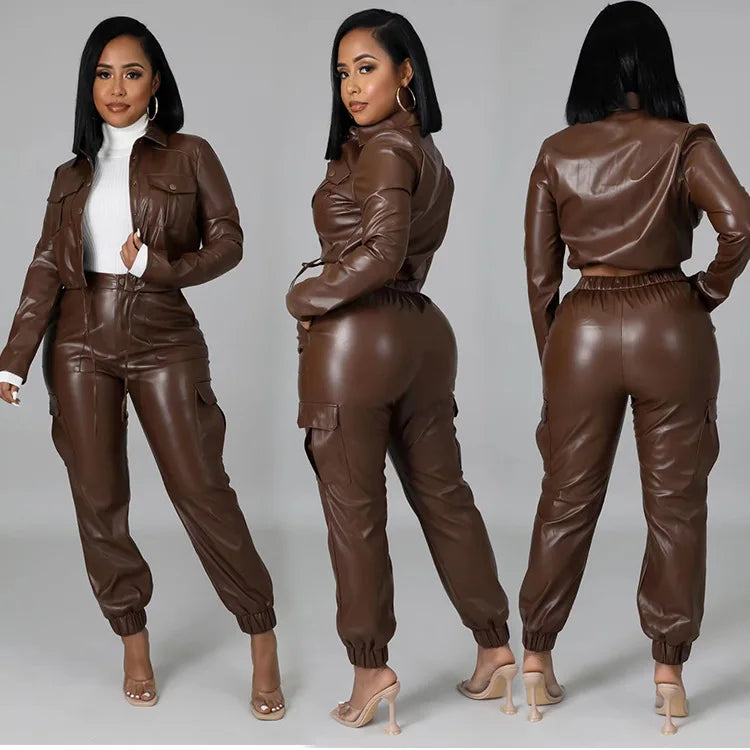 High Grade Quality Winter Two Piece Pants Set Women PU Leather 2pc Pants Sets