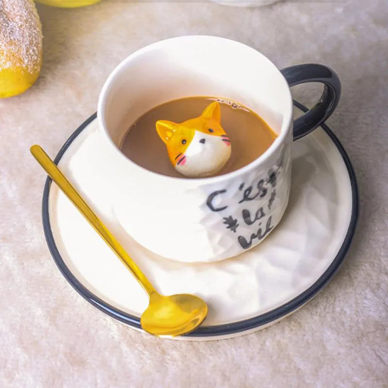 SOLHUI 3D Cute Ceramic Cat Coffee Mugs Porcelain Coffee Cat Mug With Saucer