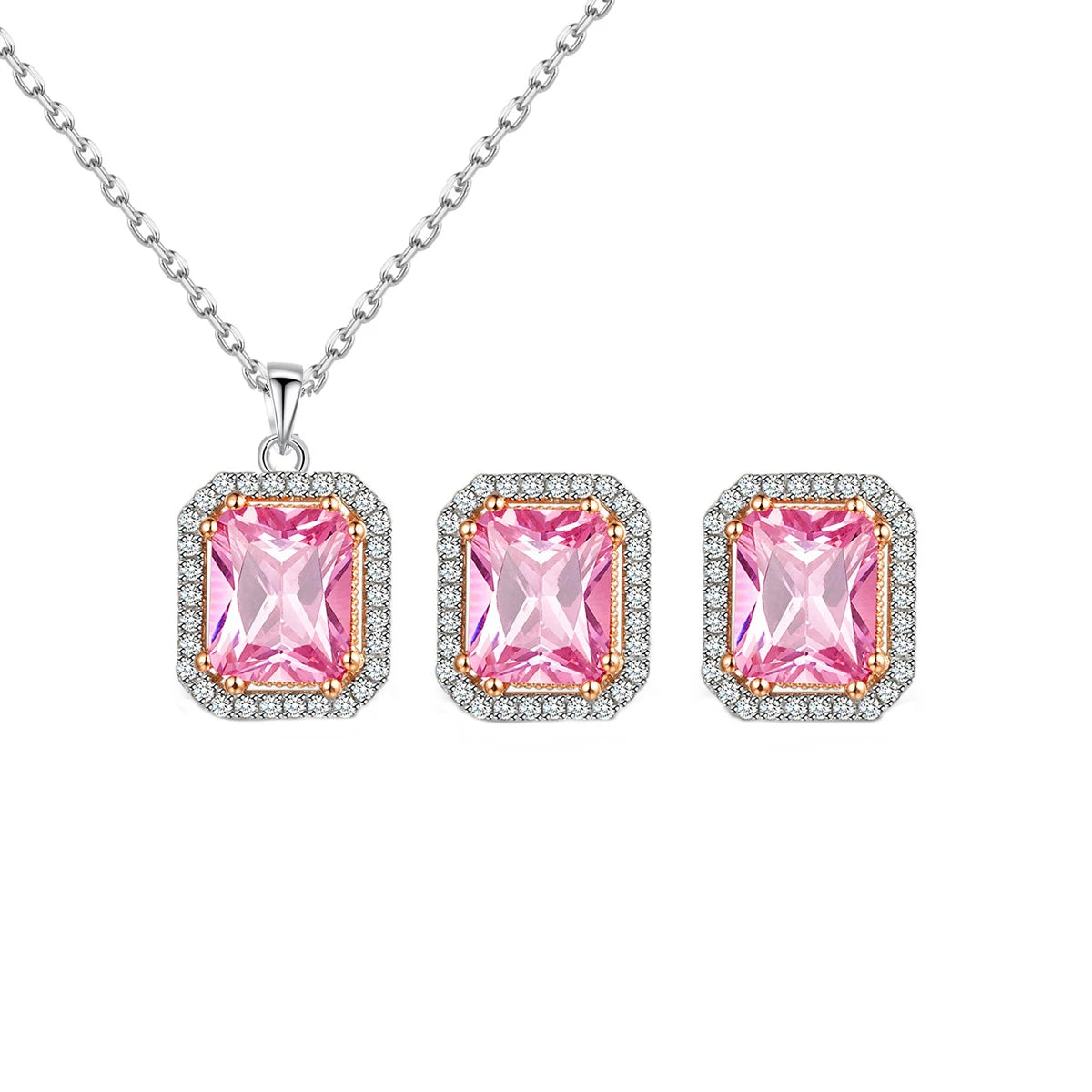 Elegant Pink Square Cut Cubic Zircon Jewelry Set for Women Ladies Earring and Necklace Pendant Accessories Party Costume Jewelry