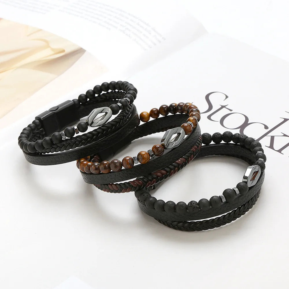 High Quality Hot Sale Magnetic Clasp Natural Tiger Eye Stone Bracelet Multilayer Handmade Woven Braided Leather Bracelet
