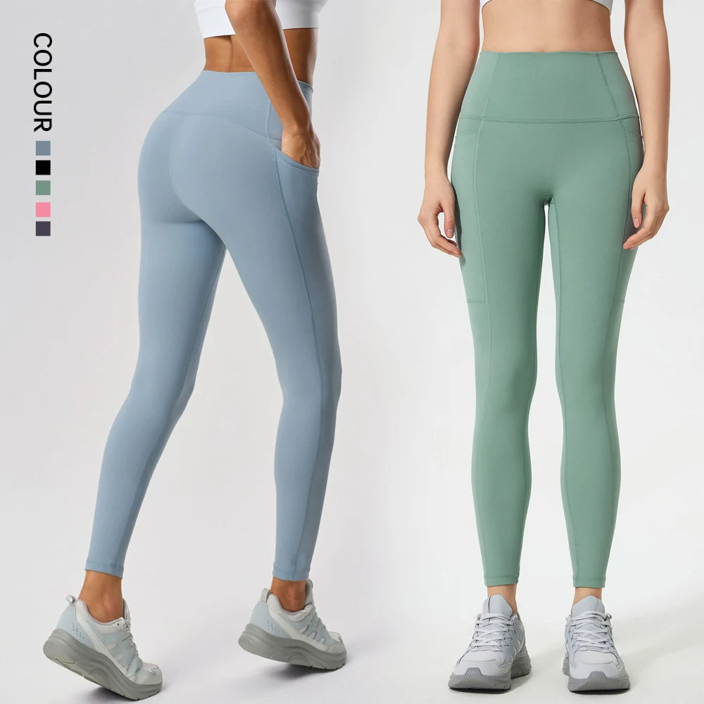 SHINBENE 26" Women No Camel Toe High Waist Gym Leggings Brushed Nylon Workout Yoga Pants with Pocket