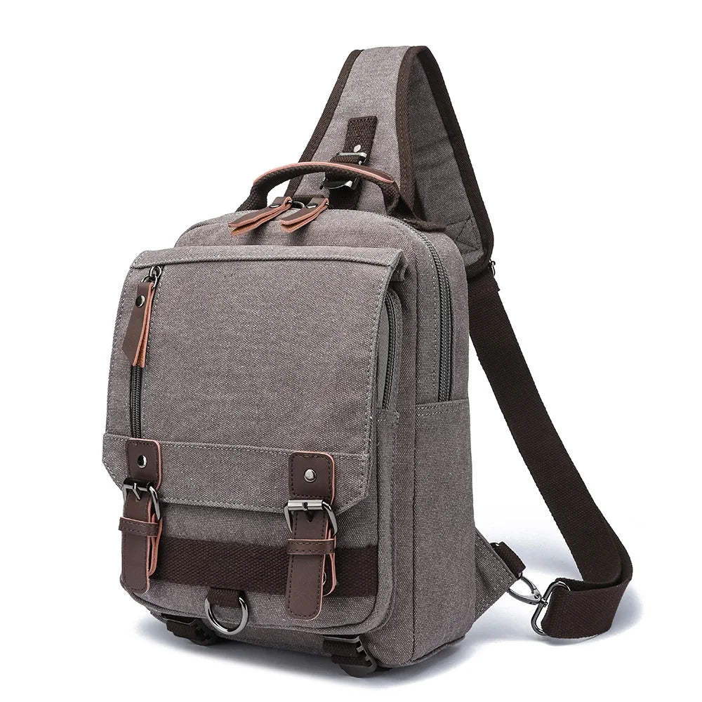 Stylish Waterproof Durable Plain Canvas Sling Bag with Leather Trim Crossbody Chest Bags for Men Women for Travel Summer Spring