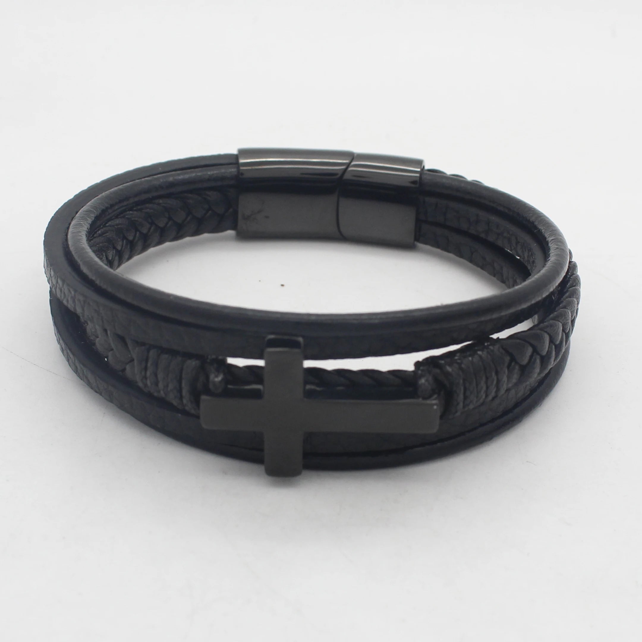 Mens Leather Bracelet with Clasp Cross Black Inspirational Braided Leather Bracelet for Men Boys Multi-layer Leather Cuff Bangle