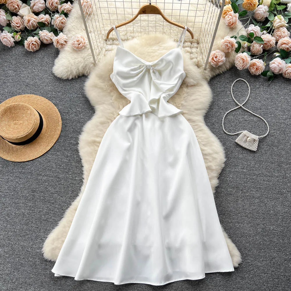 Fashion Design Bowknot Evening Dress Sling Skirt Summer New White Celebrity Temperament A-line Dress S M L