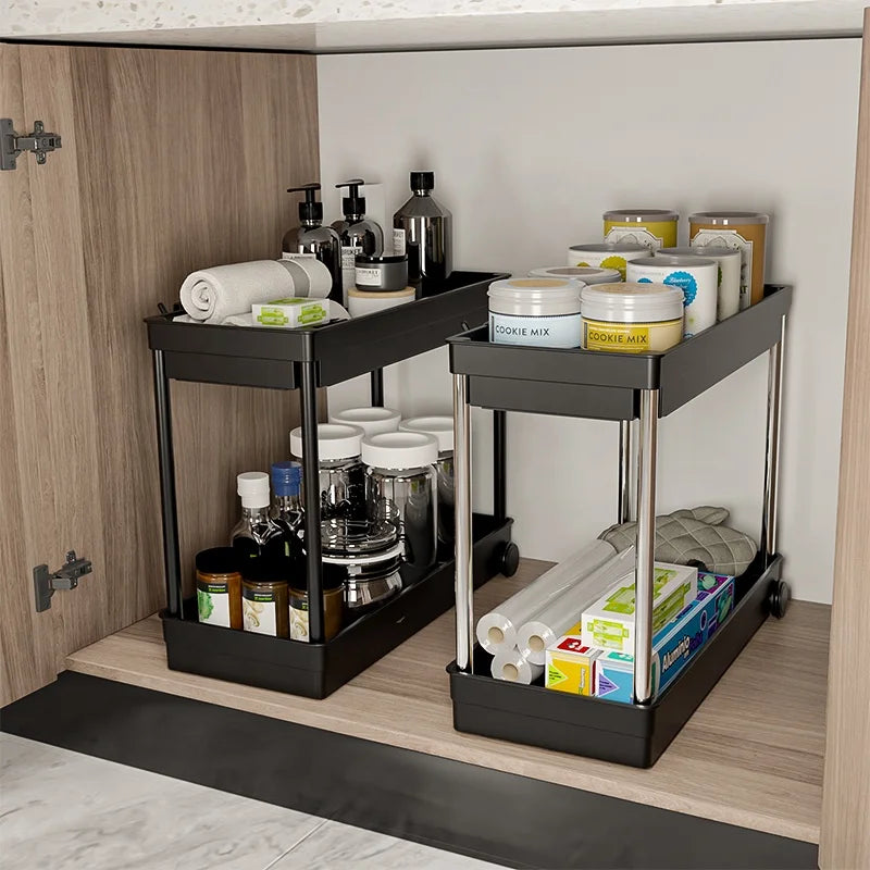 Black Counter Organizer with Hooks Under Sink Rack 2 Tier Bathroom Cabinet Storage Organizer Pull Out Sink Storage Rack