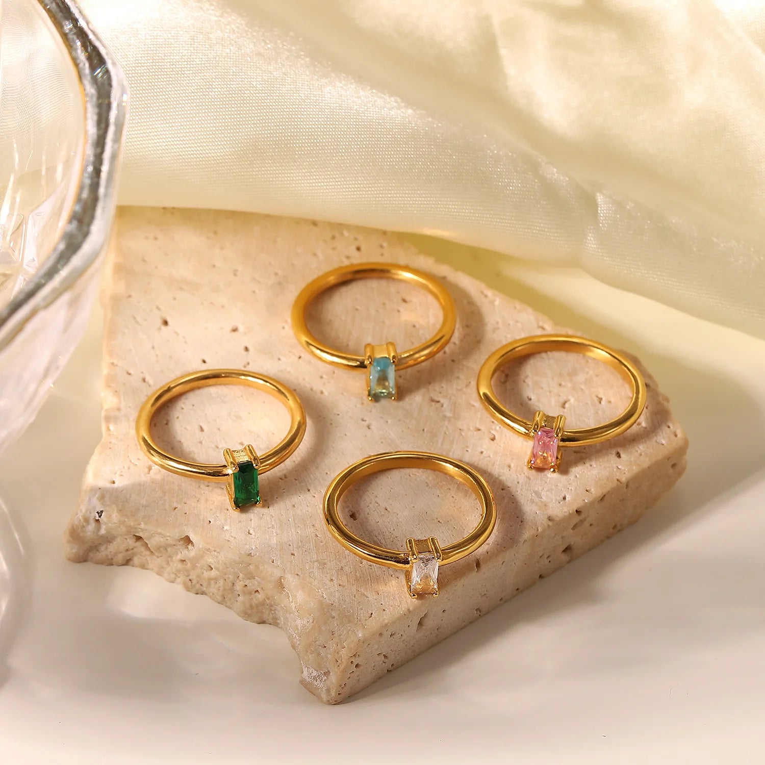 Trendy Stainless Steel Zircon Jewelry Pvd Plated Wedding Party Rectangular Colorful Cubic Zircon Rings for Women