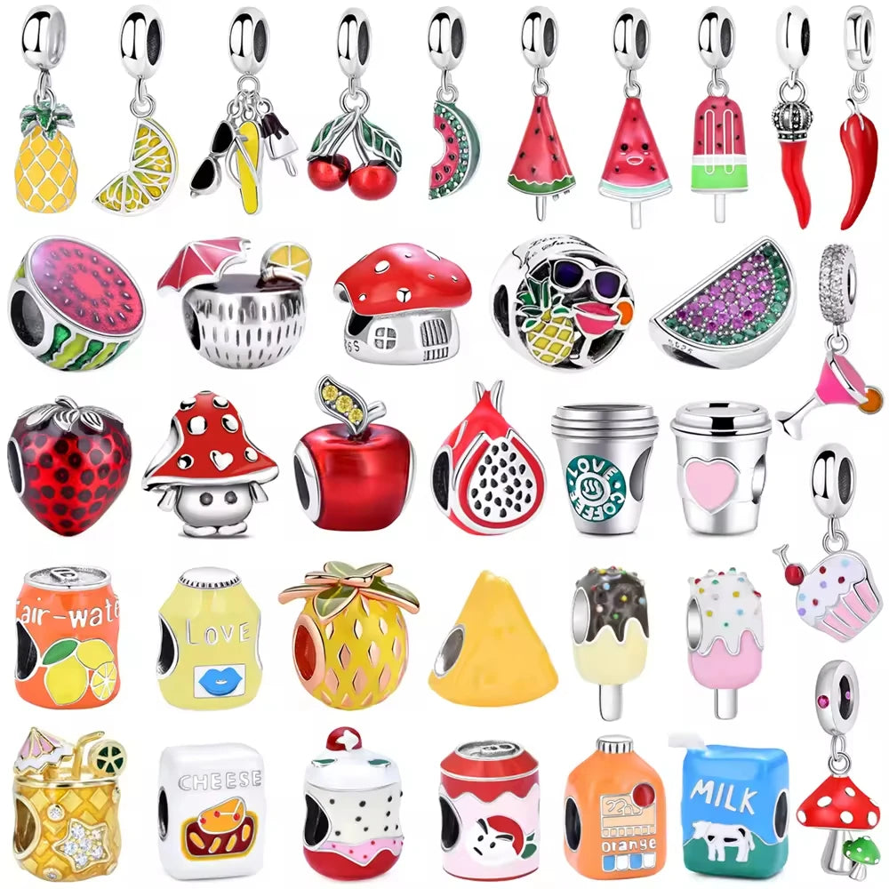 Not Allergic Fine Silver 925 Summer Jewelry Enamel Charm Fruit Juice Dessert Charm for Original Bracelet Accessories Women Gift